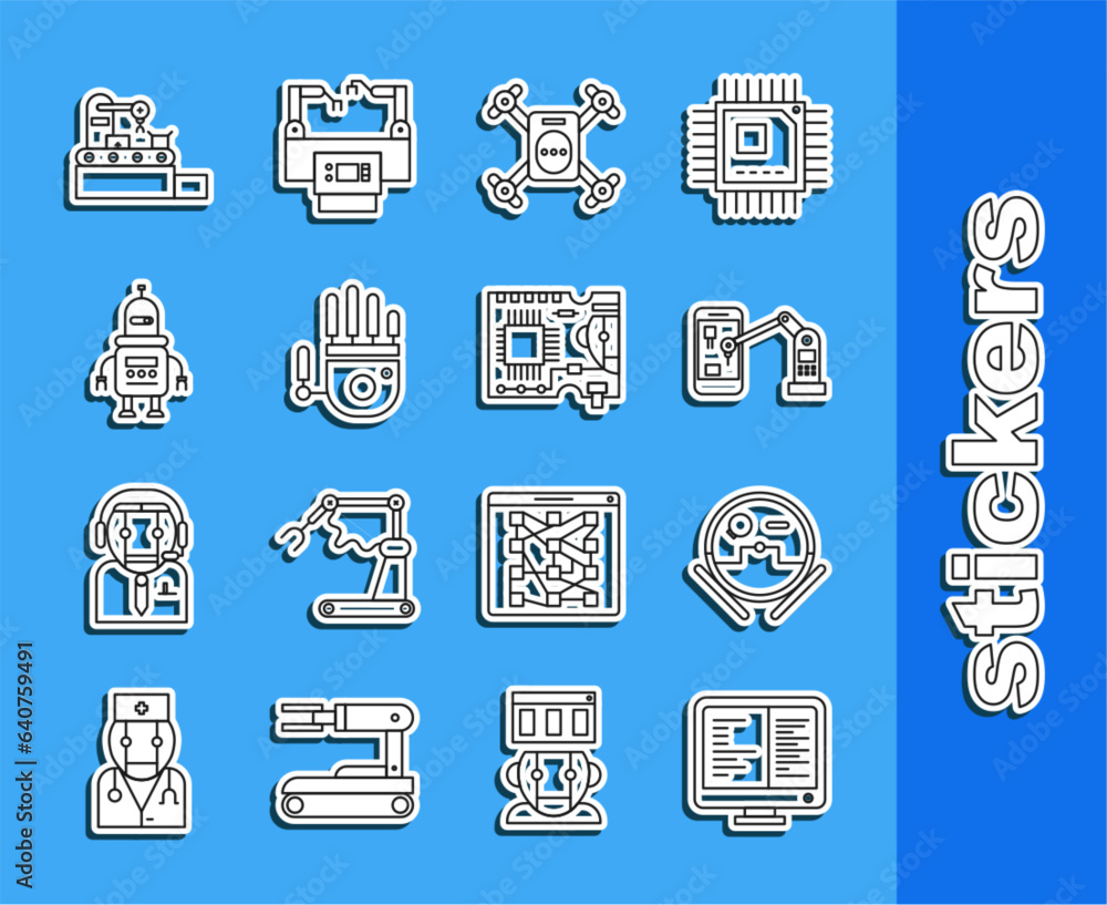 Poster set line computer monitor screen, industrial machine robotic robot arm hand, drone flying with actio