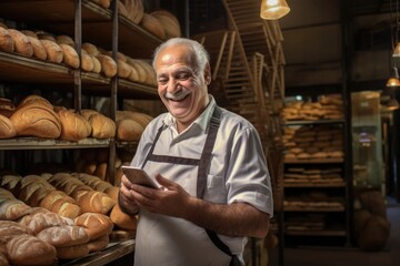 A old man seller in bakery store with hold phone and in smile 