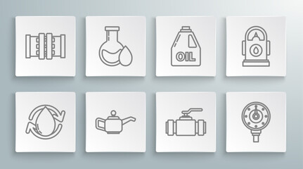 Set line Oil drop, petrol test tube, Canister for motor machine oil, Industry metallic pipes and valve, Motor gas gauge, Petrol Gas station and icon. Vector