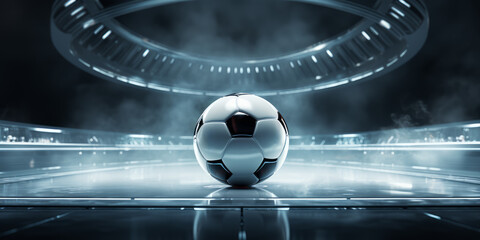 Concept of a futuristic soccer or football ball on a glass stage stadium.