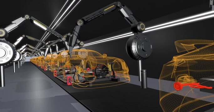 Robotic Arms Revolutionize Green Electric Car Production. Production Line. Industry And Technology Related Concept 3D Animation.