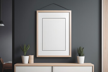 Interior blank frame poster mockup with vertical wooden frame in home interior background on cabinet. Side view