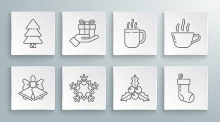 Set line Merry Christmas ringing bell, Gift box hand, Snowflake, Branch viburnum or guelder rose, stocking, Coffee cup, and tree icon. Vector