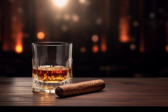 A glass with whiskey and a cigar next to it on a beautiful wooden table with a beautiful background with space for inscriptions or text.generative ai
