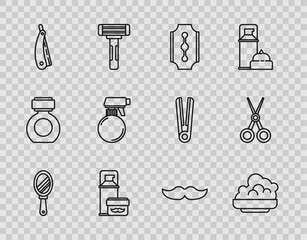 Set line Hand mirror, Shaving gel foam, Blade razor, Straight, Hairdresser pistol spray bottle, Mustache and Scissors hairdresser icon. Vector