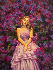 Original artist painting on canvas of a dreaming sleeping girl woman in a long dress among background pink purple lilac flowers fine art realism artwork.