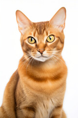 Cute close up of a ginger cat with yellow eyes on a white background