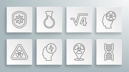 Set line Triangle with radiation, Test tube and flask, Head electric symbol, Radioactive in location, DNA, Square root of 4 glyph, and Shield protecting from virus icon. Vector