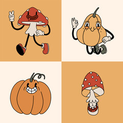 Autumn retro collection 30s cartoon mascot characters. Pumpkins, mushrooms elements. 50s, 60s old animation style. Vintage comic fall season vintage vector. Cheerful, happy emotions. Isolated - 640761200
