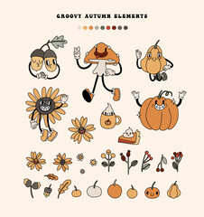 Retro Autumn cartoon mascot set. Pumpkins, sunflower, acorn, mushroom characters. 70s linear old animation style decoration elements collection. Vintage comic vector avatar. Isolated - 640761201