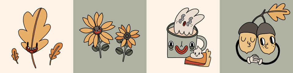 Autumn retro collection 70s cartoon mascot characters. Coffee cup, pumpkin pie, oak leaves, sunflower elements. 50s, 60s old animation style. Vintage comic fall season vector. Happy emotions. Isolated - 640761202