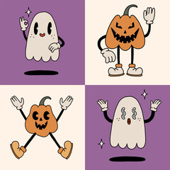 Happy Halloween retro cartoon mascot characters collection. Scary pumpkin, cute spooky ghost costumes. 70s, 50s, 60s old animation style. Vintage comic vector. Cheerful, happy emotions. Isolated - 640761207