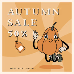 Groovy Retro Fall sale banner with retro cartoon Pumpkin Character in groovy 70s Vintage Style. Happy Autumn Sale offer Illustration with pumpkin mascot. Contour cartoon style vector illustration. - 640761210