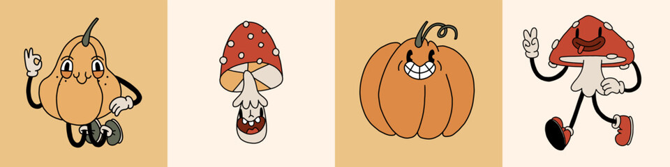 Autumn retro collection 30s cartoon mascot characters. Pumpkins, mushrooms elements. 50s, 60s old animation style. Vintage comic fall season vintage vector. Cheerful, happy emotions. Isolated - 640761211