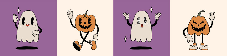 Happy Halloween retro cartoon mascot characters collection. Scary pumpkin, cute spooky ghost costumes. 70s, 50s, 60s old animation style. Vintage comic vector. Cheerful, happy emotions. Isolated - 640761214