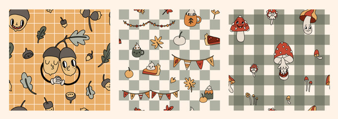Groovy retro cozy autumn season seamless pattern set. Warm fall vibe of 70s. Pumpkin spice pie, coffee cup, mushrooms checkered background. Trendy vintage illustration in cartoon hand drawn style - 640761216