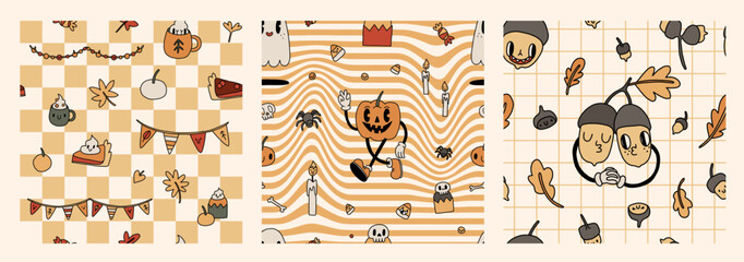 Groovy retro cozy autumn, halloween seamless pattern set. Fall vibe of 70s. Pumpkin spice pie, coffee cup, mushroom checkered background. Trendy orange vintage illustration in cartoon hand drawn style - 640761217