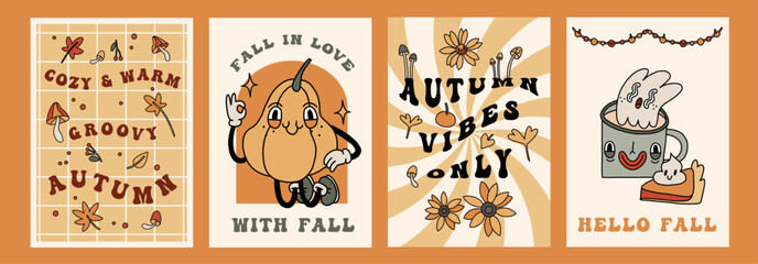 Autumn retro poster set with funny groovy mascots. A4 format card for Fall season. Pumpkin, leaves, mushrooms elements. Groovy autumn poster print template. Vintage cartoon style illustrations. Vector - 640761225