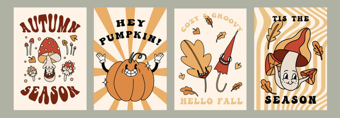 Autumn retro poster set with funny groovy mascots. A4 format card for Fall season. Pumpkin, leaves, mushrooms elements. Groovy autumn poster print template. Vintage cartoon style illustrations. Vector - 640761228