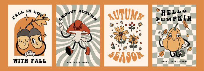 Autumn retro poster set with funny groovy mascots. A4 format card for Fall season. Pumpkin, leaves, mushrooms elements. Groovy autumn poster print template. Vintage cartoon style illustrations. Vector - 640761251