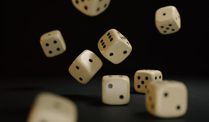 White Dice Floating in the Air on Dark Background 3D illustration