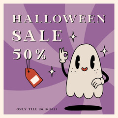 Retro Happy Halloween Sale banner with spooky cartoon Ghost Character in groovy 70s Vintage Style. Autumn holiday Sale offer ad with cute ghost mascot. Doodle 1970s cartoon style vector illustration