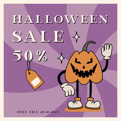 Retro Happy Halloween Sale banner with spooky cartoon Pumpkin Character in groovy 70s Vintage Style. Autumn holiday Sale offer ad with scary pumpkin mascot. Contour cartoon style vector illustration - 640761299