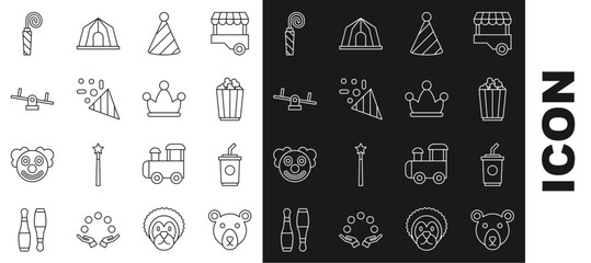 Set line Bear head, Paper glass with water, Popcorn in box, Party hat, Festive confetti, Seesaw, Birthday party horn and Jester bells icon. Vector