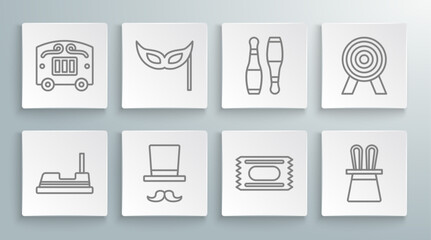Set line Bumper car, Festive mask, Magician, Circus ticket, hat and rabbit ears, Bowling pin, Target and wagon icon. Vector