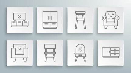 Set line Armchair, Wardrobe, Chair, Dressing table, Chest of drawers, and TV stand icon. Vector