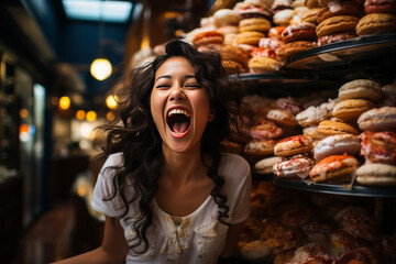 Joyful young woman in a pastry shop, eyes wide open and mouth agape with pure delight, surrounded by irresistible gourmet treats.