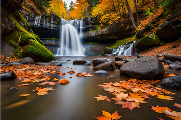 Cascading waterfall framed by the rich colors of autumn leaves, creating a harmonious blend of movement