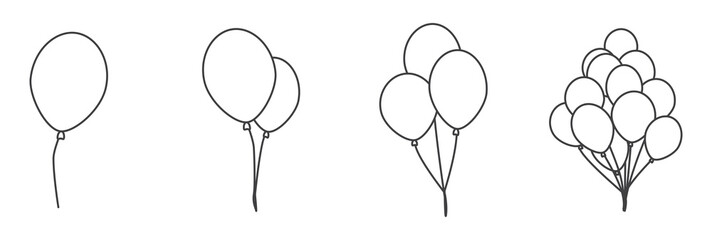 Set of vector illustration of balloons icons, use black color with line design style, Balloon outline icons. Different shapes of ballons for birthday, party icon. © sugarstock