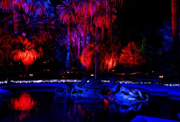 Fountain at Night Illuminated with Blue and Red Lights