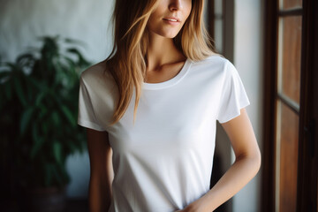 Mockup. Close up of young woman in blank white tshirt. Mock up template for t-shirt design print