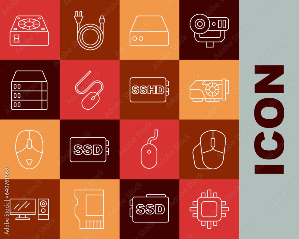 Poster set line processor with cpu, computer mouse, video graphic card, server, data, web hosting, cooler a