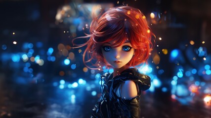 Fototapeta na wymiar Gorgeous redhead girl with magical big blue eyes, sparks and fire embers surrounds her, supernatural midnight beauty - generative AI