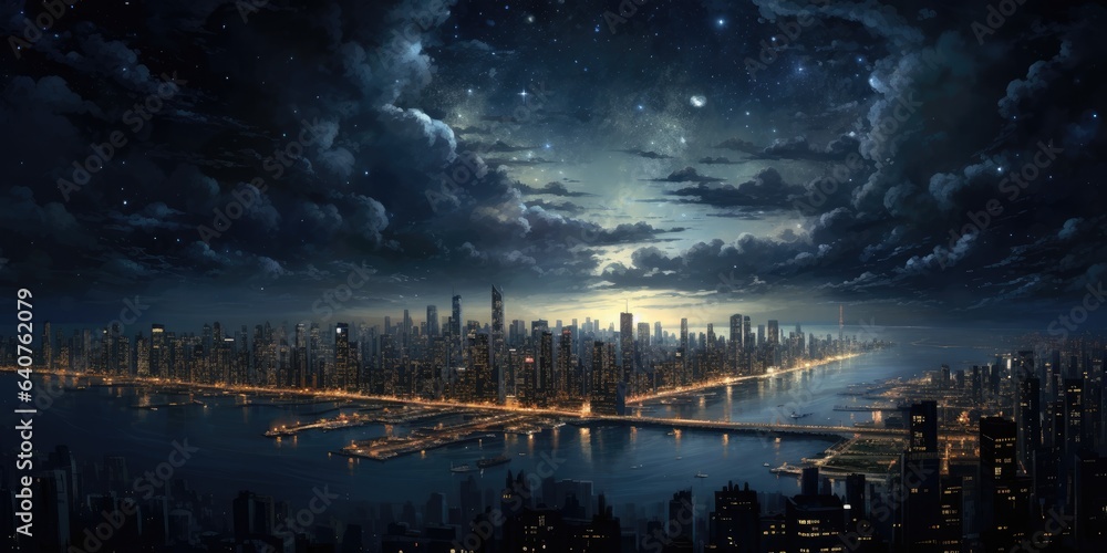Poster a view of a city and sky with the milky way coming overhead generative ai