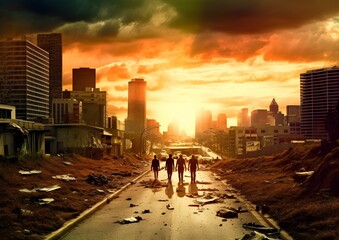 Fototapeta premium the walking dead hd wallpaper, in the style of apocalypse landscape, cityscape photographer, made of trash, green and amber, group zero, emotional narrative, pop-surrealism