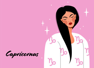Capricornus zodiac sign. Girl vector illustration. Astrology zodiac profile. Astrological sign as a beautiful woman. Future telling, horoscope, alchemy, spirituality, occultism, fashion