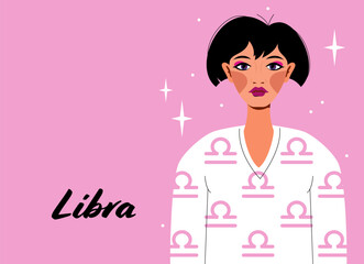 Libra zodiac sign. Girl vector illustration. Astrology zodiac profile. Astrological sign as a beautiful woman. Future telling, horoscope, alchemy, spirituality, occultism, fashion