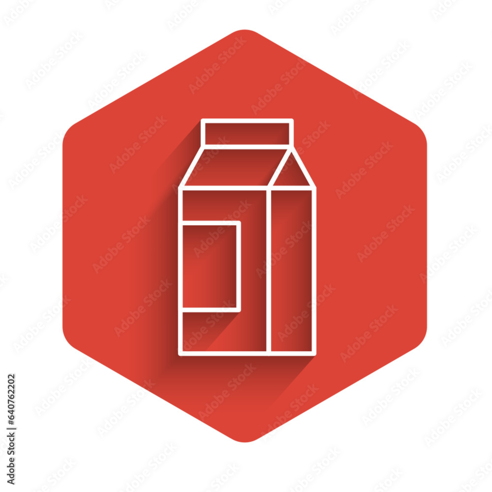 Poster white line paper package for milk icon isolated with long shadow. milk packet sign. red hexagon butt