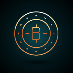 Obraz premium Gold line Cryptocurrency coin Bitcoin icon isolated on dark blue background. Physical bit coin. Blockchain based secure crypto currency. Vector