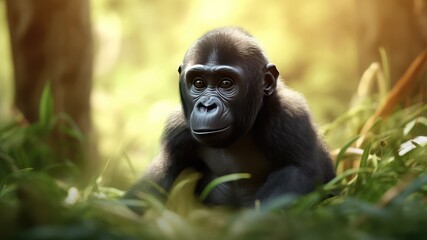 3d cute mascot charact baby gorilla isolatedn on blurred green nature forest background