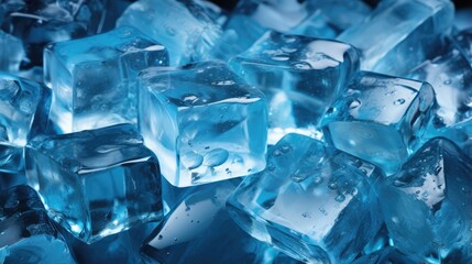 Ice cubes on blue background, macro shot, shallow depth of field. Ice cubes seamless pattern background. Fresh frozen ice background, realistic wallpaper of frozen ice rock blocks. generative AI