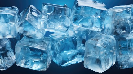 Ice cubes on blue background, macro shot, shallow depth of field. Ice cubes seamless pattern background. Fresh frozen ice background, realistic wallpaper of frozen ice rock blocks. generative AI