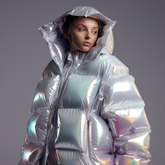 Futuristic fashion unisex design of creative plastic oversized down jacket for young people