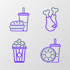 Set line Paper glass with drinking straw and donut, Popcorn cardboard box, Chicken leg and burger icon. Vector
