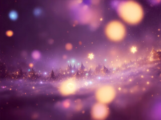 Fototapeta na wymiar Blurred christmas background with sparkles, stars, shiny garland, illumination, christmas tree, decorations in violet and silver colors. Copyspace for new year greeeting card, postcard.