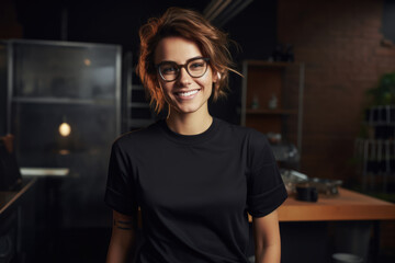 Fototapeta na wymiar Smiling young woman in a black t-shirt